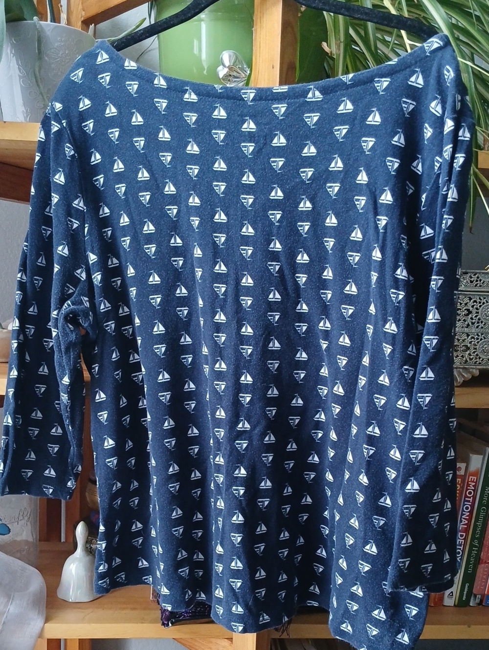 XL - Navy Long-Sleeve Tee with White Sailboat Pattern